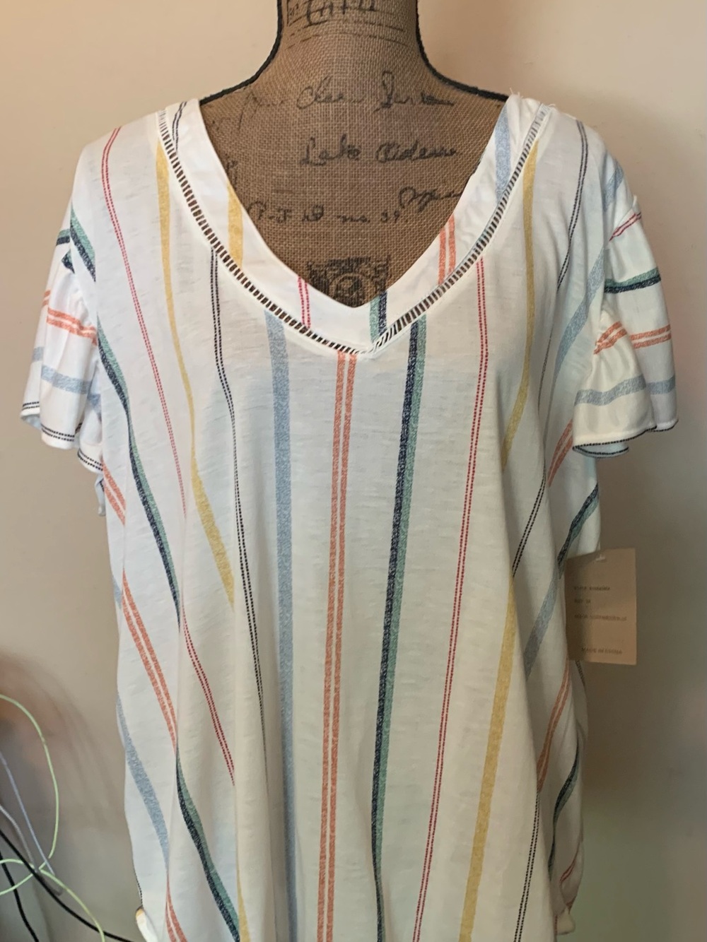 Women’s Striped V-Neck Short Sleeve Top - White with Multicolor Stripes-New